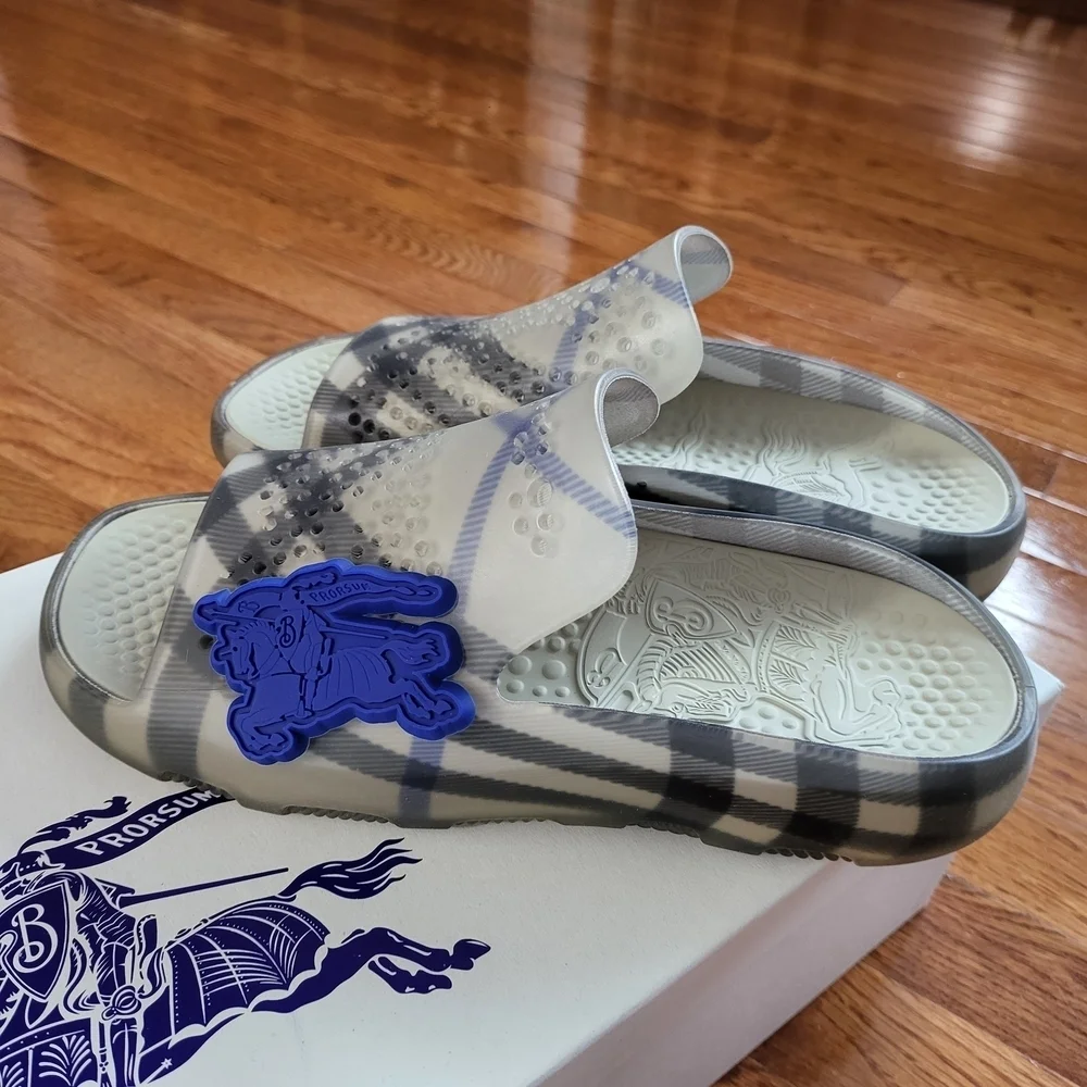 Burberry Gray Plaid Slide Sandals